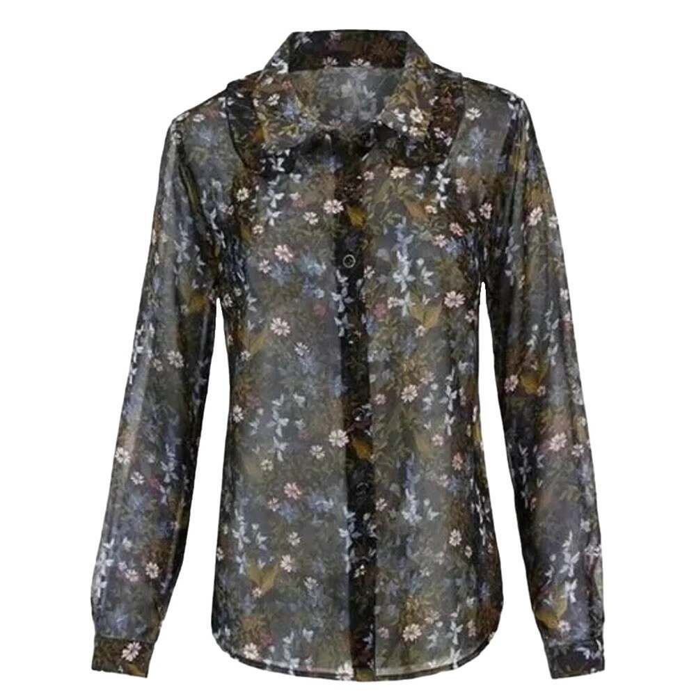 Cabi Hillside Shirt Womens L Sheer Floral Button Down Ruffle Peter Pan Collar